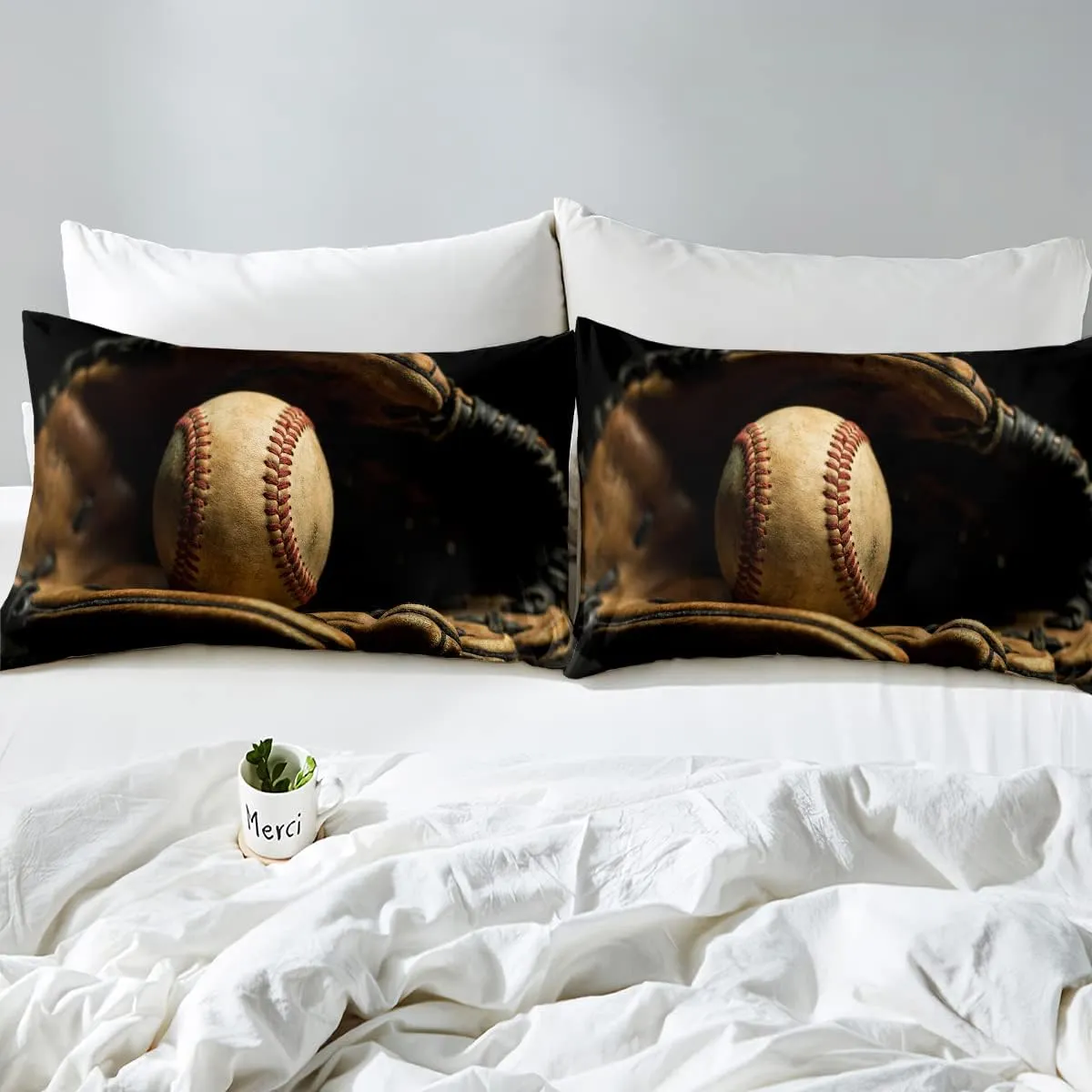 Erosebridal Baseball Fitted Sheet Full Size Sports Game Bed Sheet Set Baseball Player Bedding Set for Kids Boys Teens Retro Style Top Sheet Room Dorm Decorative, 4Pcs with 2 Pillowcases Brown