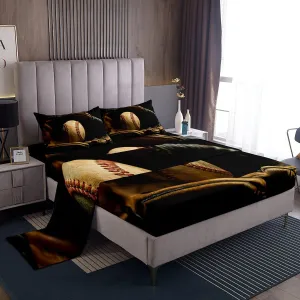 Erosebridal Baseball Fitted Sheet Full Size Sports Game Bed Sheet Set Baseball Player Bedding Set for Kids Boys Teens Retro Style Top Sheet Room Dorm Decorative, 4Pcs with 2 Pillowcases Brown