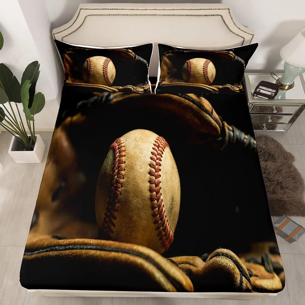 Erosebridal Baseball Fitted Sheet Full Size Sports Game Bed Sheet Set Baseball Player Bedding Set for Kids Boys Teens Retro Style Top Sheet Room Dorm Decorative, 4Pcs with 2 Pillowcases Brown