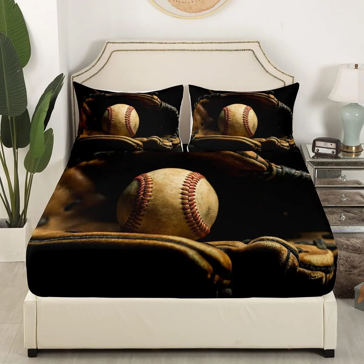 Erosebridal Baseball Fitted Sheet Full Size Sports Game Bed Sheet Set Baseball Player Bedding Set for Kids Boys Teens Retro Style Top Sheet Room Dorm Decorative, 4Pcs with 2 Pillowcases Brown