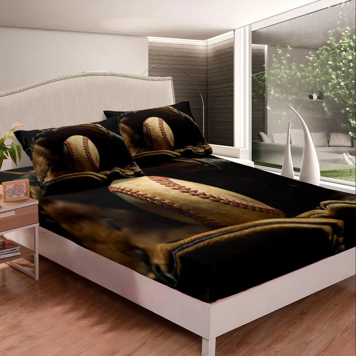 Erosebridal Baseball Fitted Sheet Full Size Sports Game Bed Sheet Set Baseball Player Bedding Set for Kids Boys Teens Retro Style Top Sheet Room Dorm Decorative, 4Pcs with 2 Pillowcases Brown
