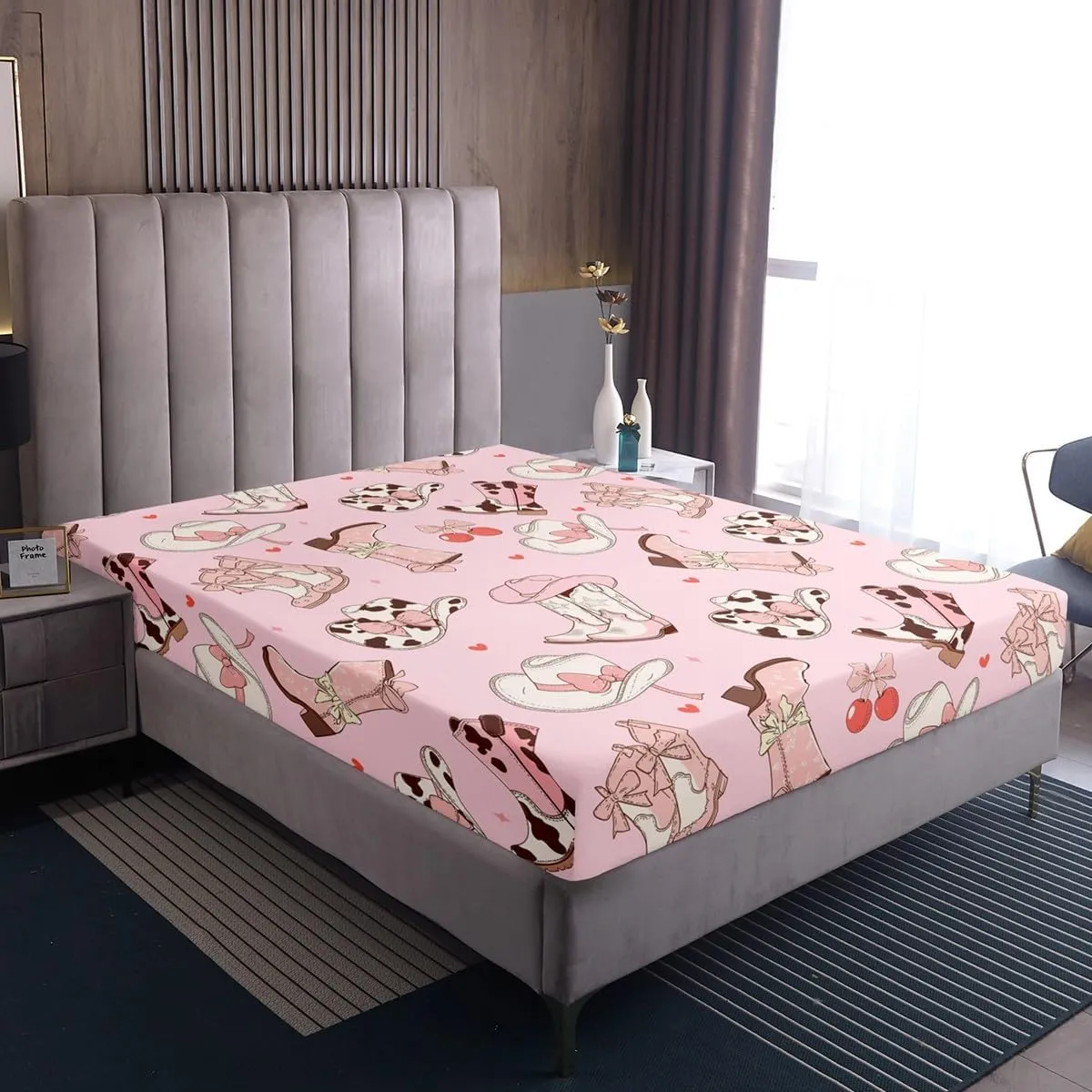 Erosebridal Cowgirl Boots Queen Size Sheets Kawaii Pink Bow Tie Bed Sheets Set Kids Rustic Brown Cowhide Sheet Set for Girls Teens Cute Groovy Flowers Flat Fitted Sheet Bedroom Decor