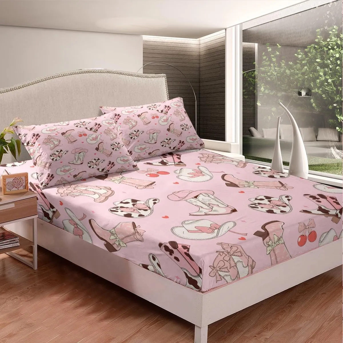 Erosebridal Cowgirl Boots Queen Size Sheets Kawaii Pink Bow Tie Bed Sheets Set Kids Rustic Brown Cowhide Sheet Set for Girls Teens Cute Groovy Flowers Flat Fitted Sheet Bedroom Decor