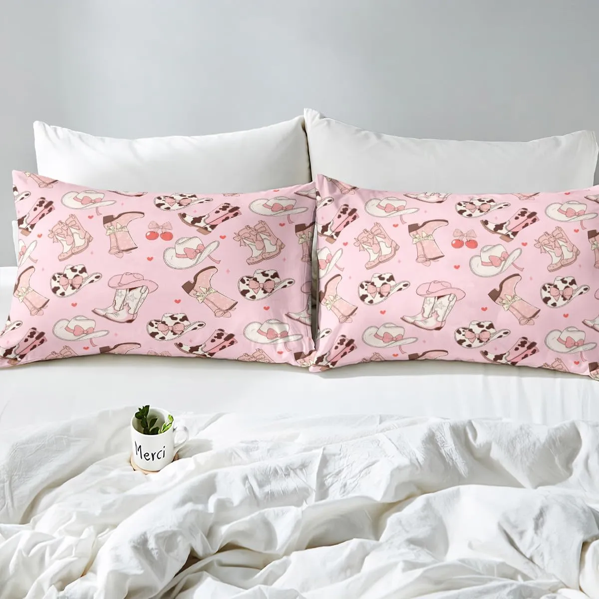 Erosebridal Cowgirl Boots Queen Size Sheets Kawaii Pink Bow Tie Bed Sheets Set Kids Rustic Brown Cowhide Sheet Set for Girls Teens Cute Groovy Flowers Flat Fitted Sheet Bedroom Decor