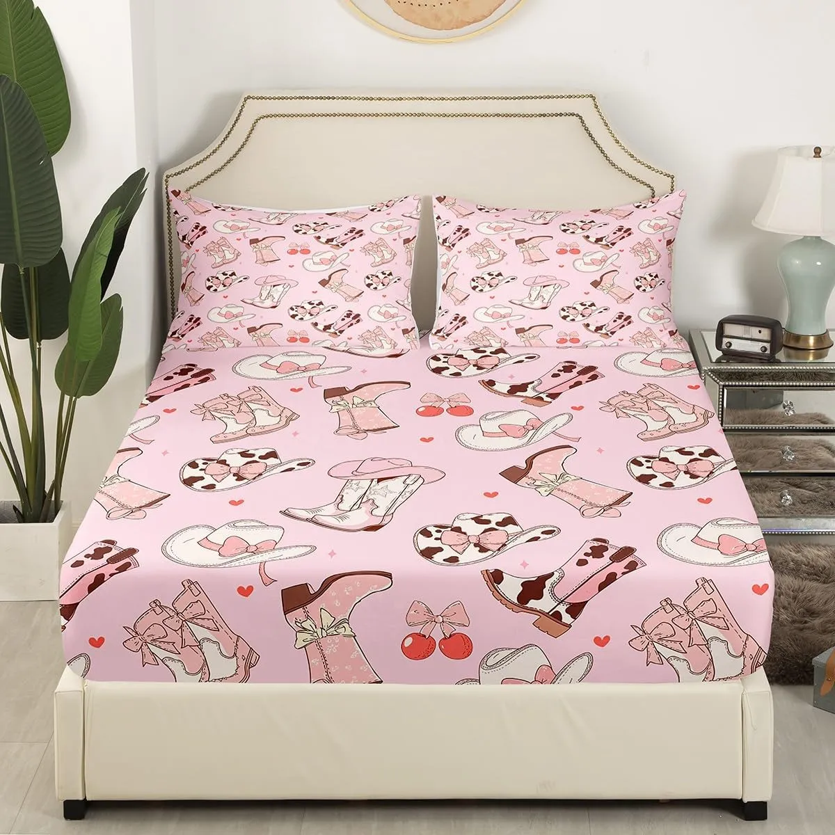Erosebridal Cowgirl Boots Queen Size Sheets Kawaii Pink Bow Tie Bed Sheets Set Kids Rustic Brown Cowhide Sheet Set for Girls Teens Cute Groovy Flowers Flat Fitted Sheet Bedroom Decor