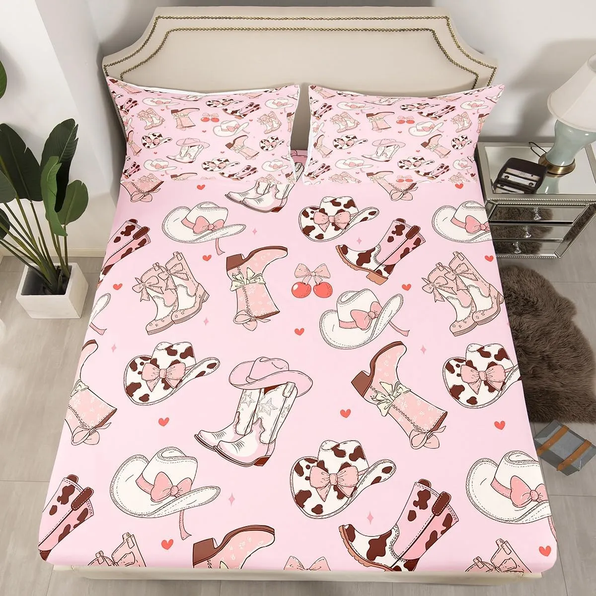 Erosebridal Cowgirl Boots Queen Size Sheets Kawaii Pink Bow Tie Bed Sheets Set Kids Rustic Brown Cowhide Sheet Set for Girls Teens Cute Groovy Flowers Flat Fitted Sheet Bedroom Decor