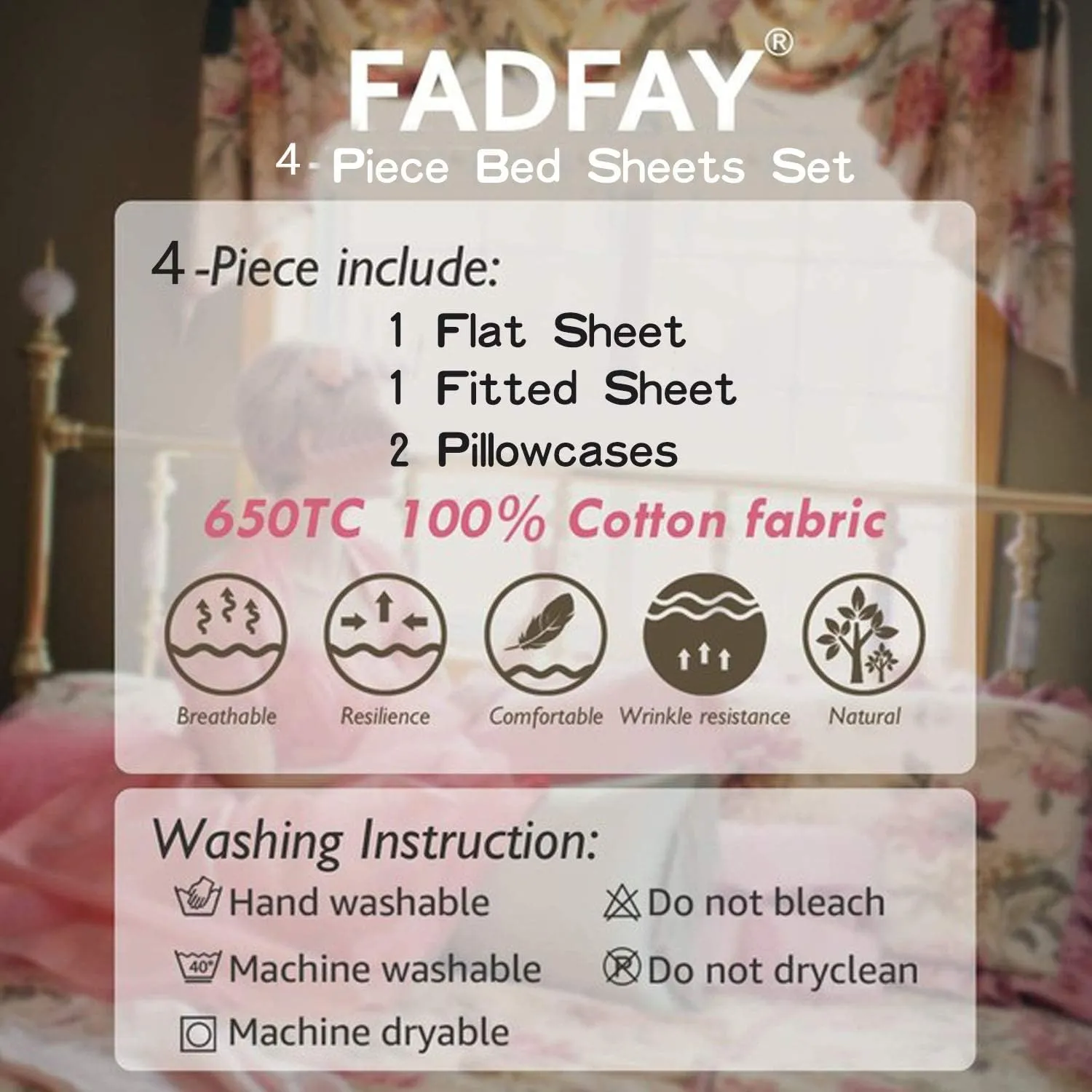 FADFAY Bed Sheets Pink Rose Floral Print Bed Sheet Set 4-Piece Full Size