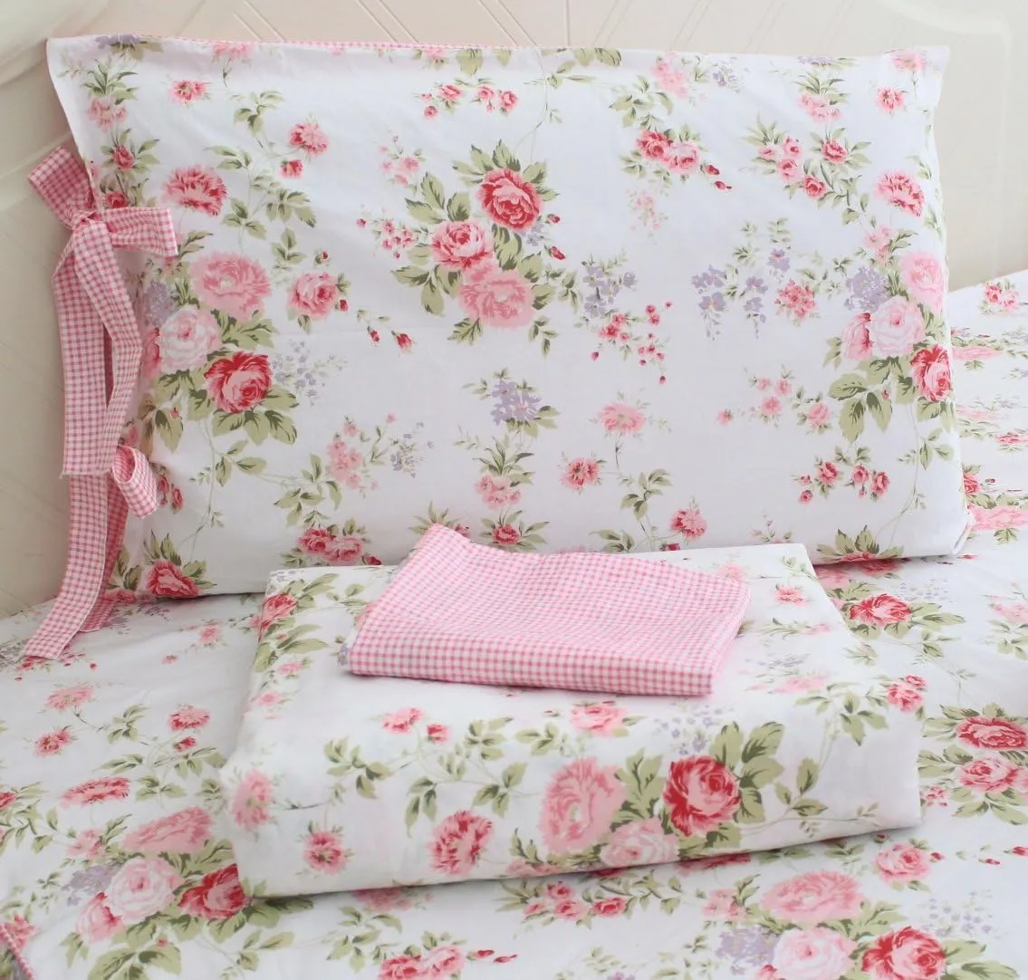 FADFAY Bed Sheets Pink Rose Floral Print Bed Sheet Set 4-Piece Full Size