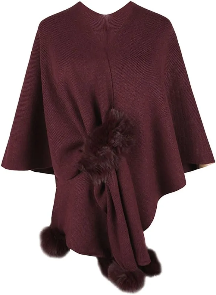 Fashion Cape Shawls for Women Faux Fur Pom Pashmina Wrap Large Scarves Open Front Poncho Cape Soft Cardigan Sweaters