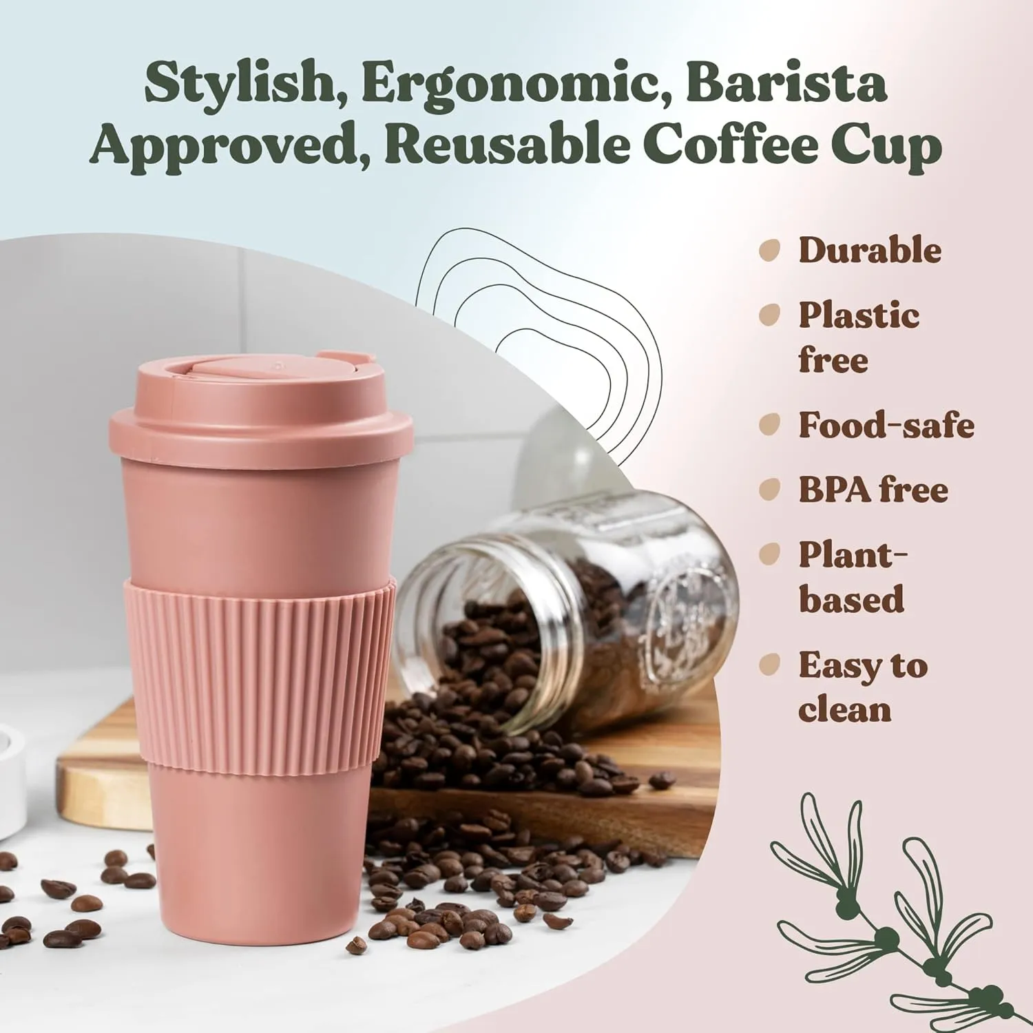 FEBU Plant-Based Reusable Coffee Cup With Lid and Sleeve | 16oz, Dusty Rose | Portable Travel Mug Made From Bamboo | Dishwasher Safe, Zero Waste, Plastic Free With Leak-Proof Screw-On Lid