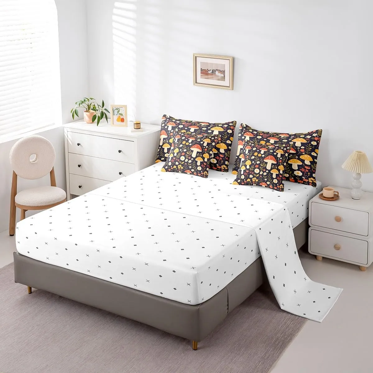 Feelyou Mushroom Bed in a Bag Natural Wild Fungus Comforter Set with Sheets for Kids Boys Girls Botanical Plants 7 Piece Bedding Set Soft Bedding Comforters Queen Size