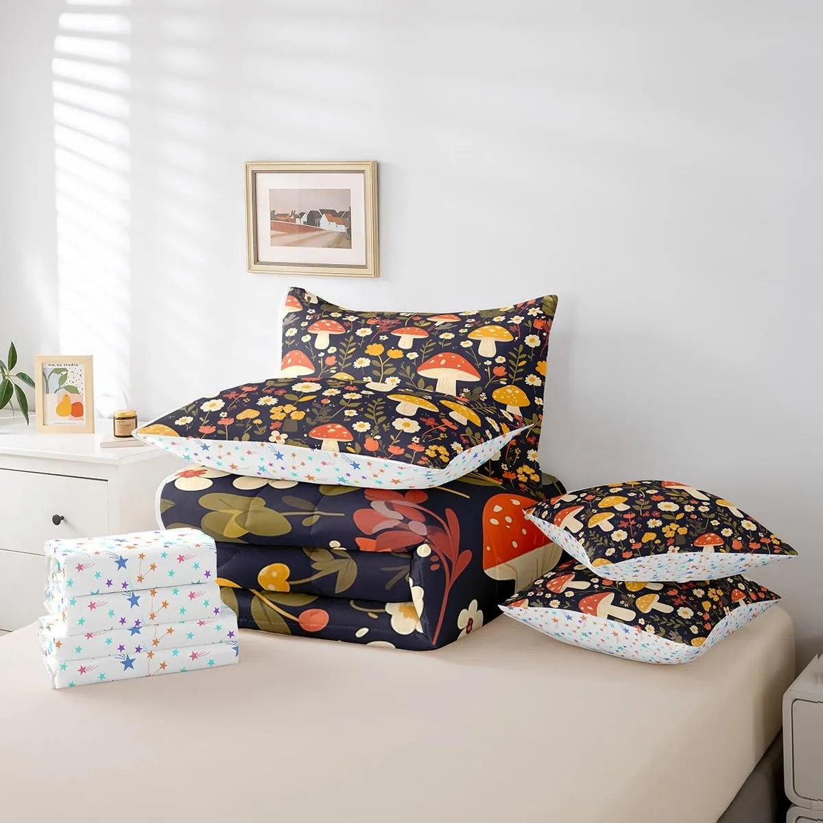 Feelyou Mushroom Bed in a Bag Natural Wild Fungus Comforter Set with Sheets for Kids Boys Girls Botanical Plants 7 Piece Bedding Set Soft Bedding Comforters Queen Size