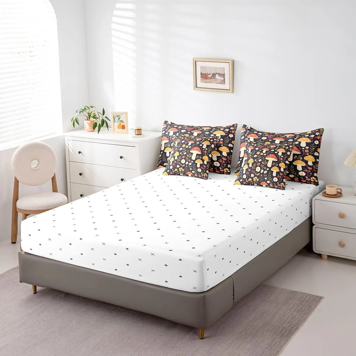 Feelyou Mushroom Bed in a Bag Natural Wild Fungus Comforter Set with Sheets for Kids Boys Girls Botanical Plants 7 Piece Bedding Set Soft Bedding Comforters Queen Size