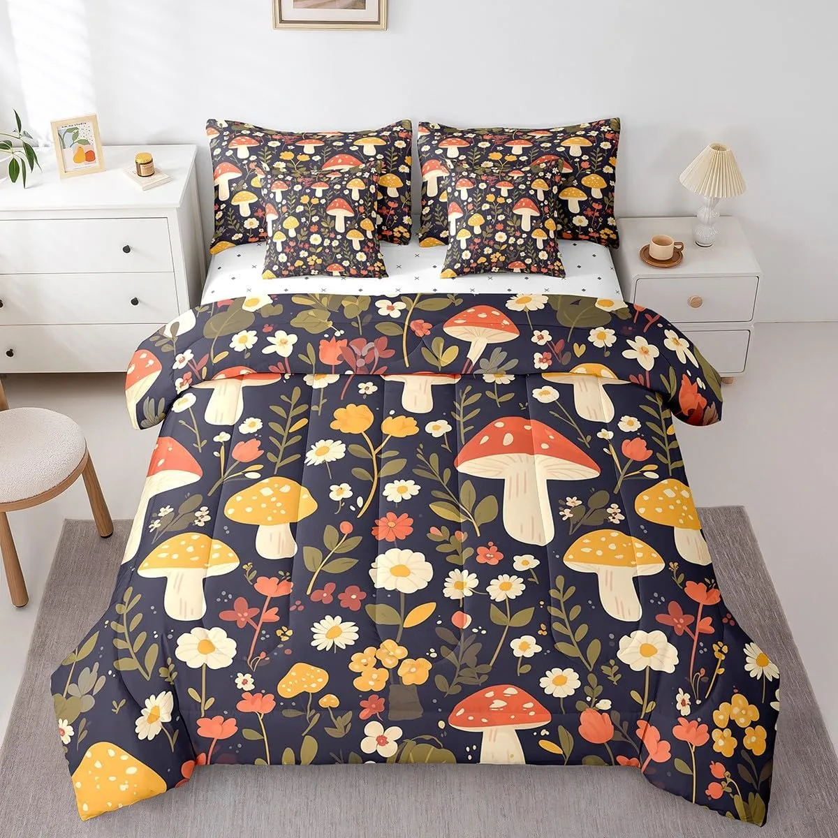 Feelyou Mushroom Bed in a Bag Natural Wild Fungus Comforter Set with Sheets for Kids Boys Girls Botanical Plants 7 Piece Bedding Set Soft Bedding Comforters Queen Size