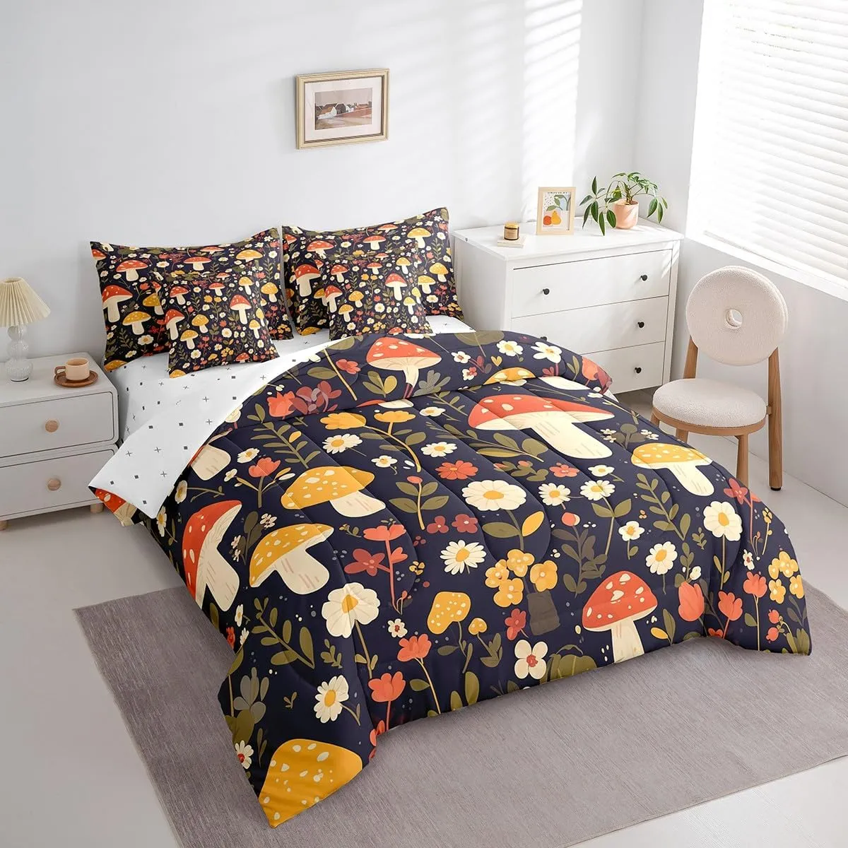 Feelyou Mushroom Bed in a Bag Natural Wild Fungus Comforter Set with Sheets for Kids Boys Girls Botanical Plants 7 Piece Bedding Set Soft Bedding Comforters Queen Size