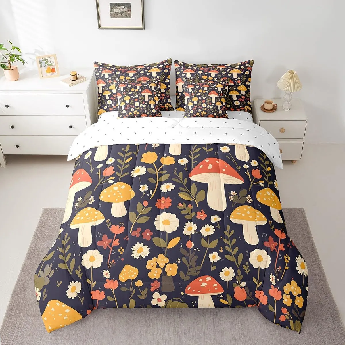 Feelyou Mushroom Bed in a Bag Natural Wild Fungus Comforter Set with Sheets for Kids Boys Girls Botanical Plants 7 Piece Bedding Set Soft Bedding Comforters Queen Size