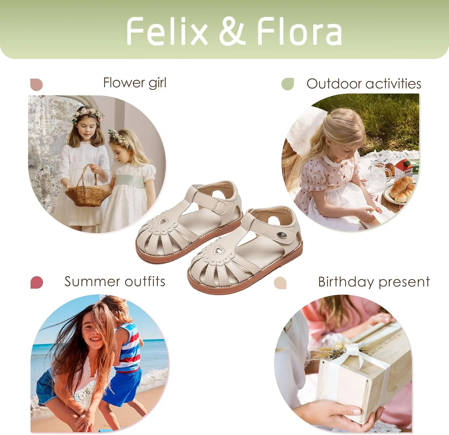 Felix & Flora Toddler Girls Sandals Flower Girl Shoes Soft Rubber Princess Summer Flat Shoes