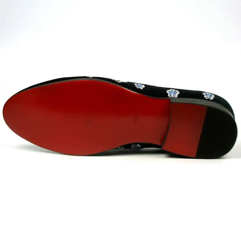 Fiesso FI-7413 Black Flower Slip on Loafers