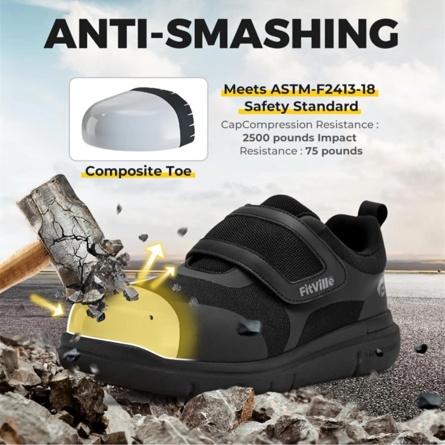 FitVille Wide Composite Toe Safety Shoes for Men Steel Toe Shoes Lightweight Slip-On Work Shoes Puncture Proof
