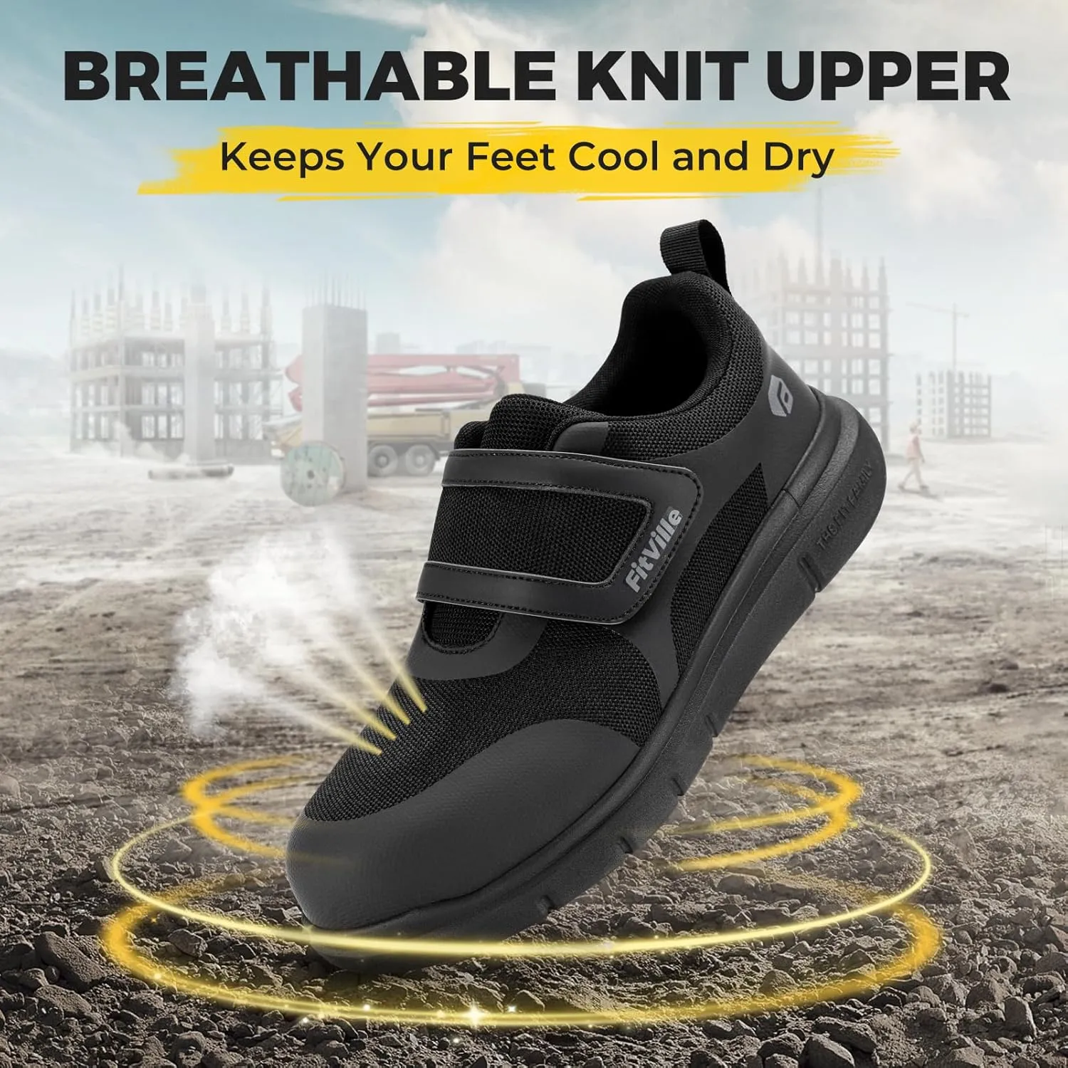 FitVille Wide Composite Toe Safety Shoes for Men Steel Toe Shoes Lightweight Slip-On Work Shoes Puncture Proof