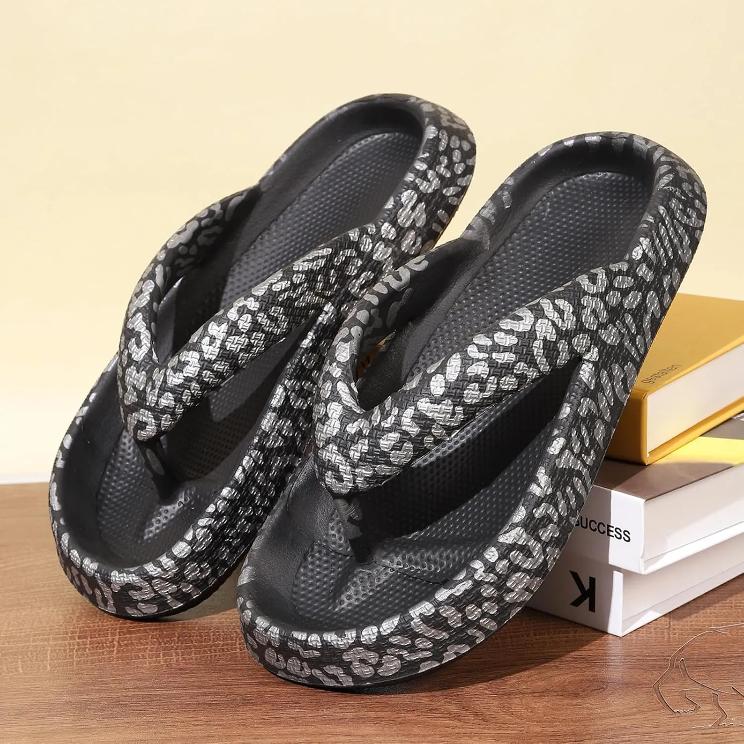 FLIOZY Leopard Print Flip Flops for Women & Men, EVA Soft Cloud Pillow Sandals, Non-Slip Platform Slippers, Cushioned Thong Slides for Indoor & Outdoor, Large Size ，Khaki, Gray, Pink, and Black