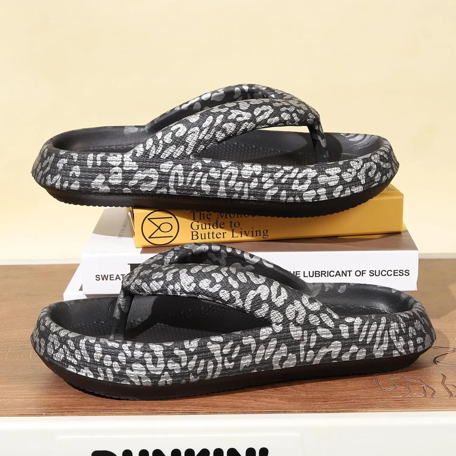 FLIOZY Leopard Print Flip Flops for Women & Men, EVA Soft Cloud Pillow Sandals, Non-Slip Platform Slippers, Cushioned Thong Slides for Indoor & Outdoor, Large Size ，Khaki, Gray, Pink, and Black