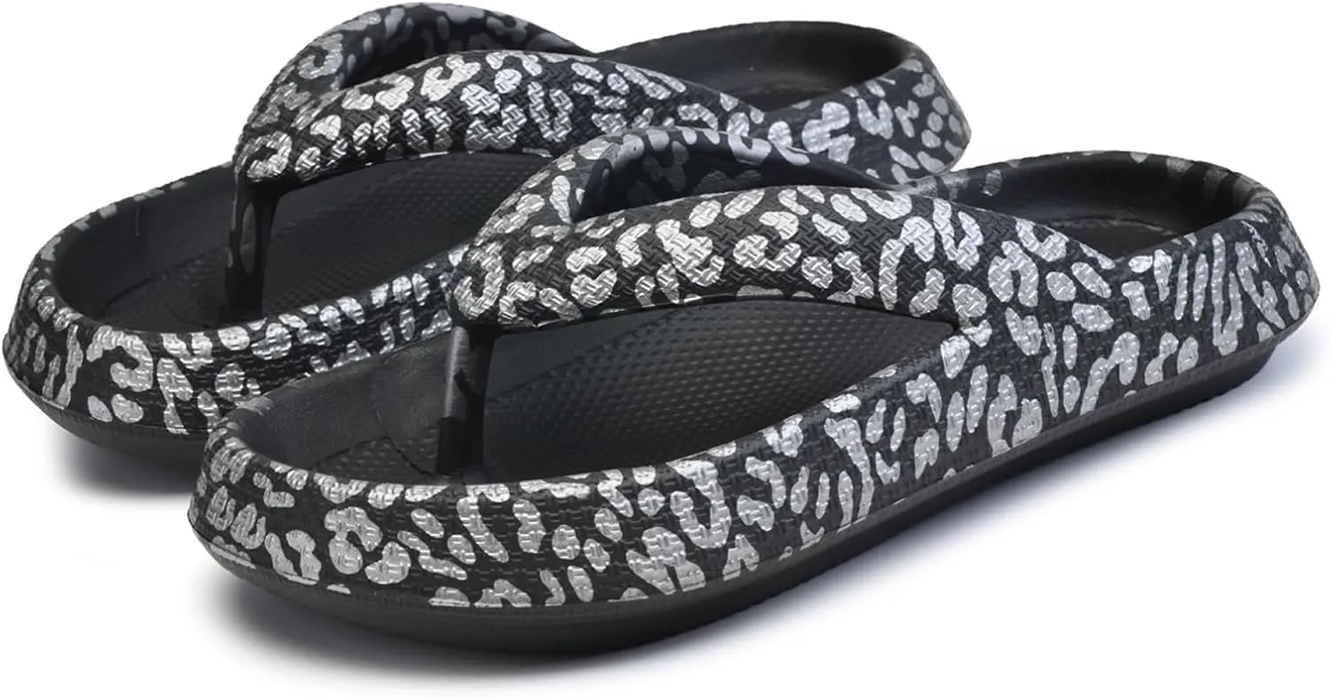 FLIOZY Leopard Print Flip Flops for Women & Men, EVA Soft Cloud Pillow Sandals, Non-Slip Platform Slippers, Cushioned Thong Slides for Indoor & Outdoor, Large Size ，Khaki, Gray, Pink, and Black