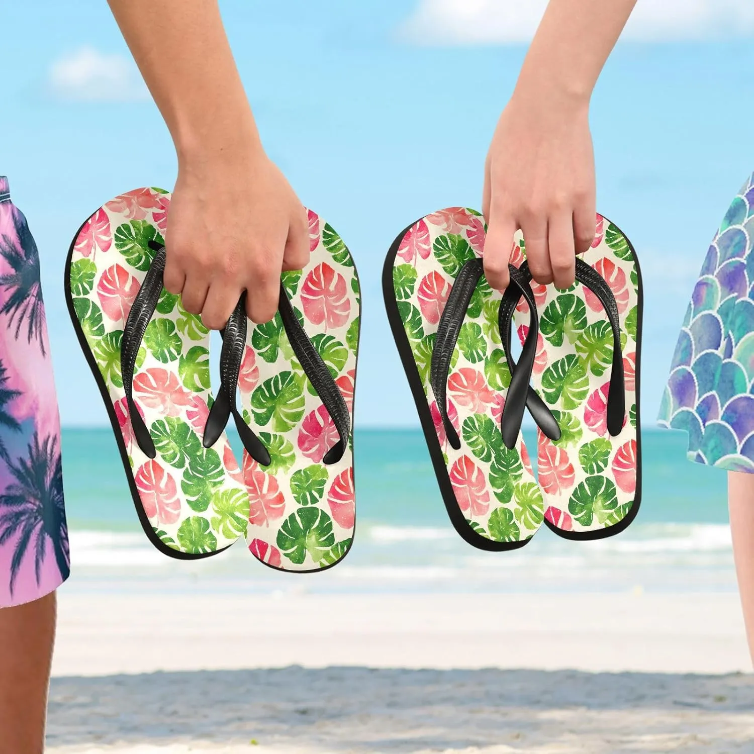 Flip Flop Sandals Colored Tropical Leaf Print for Men and Women for Beach Outdoor XS