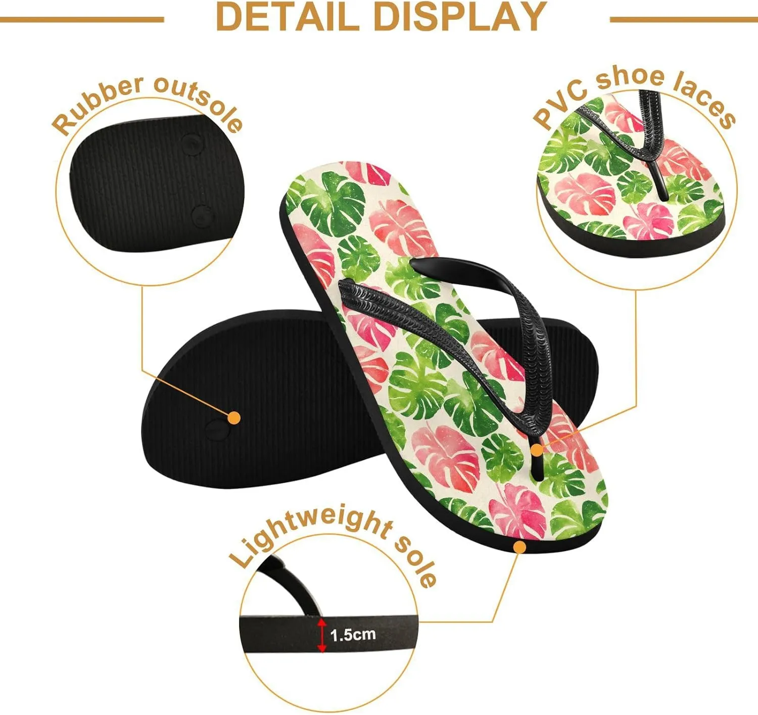 Flip Flop Sandals Colored Tropical Leaf Print for Men and Women for Beach Outdoor XS