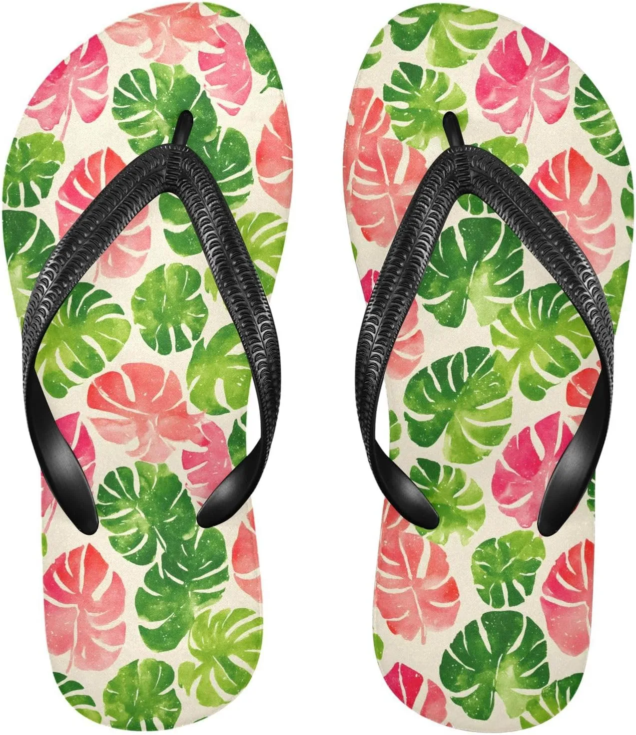 Flip Flop Sandals Colored Tropical Leaf Print for Men and Women for Beach Outdoor XS