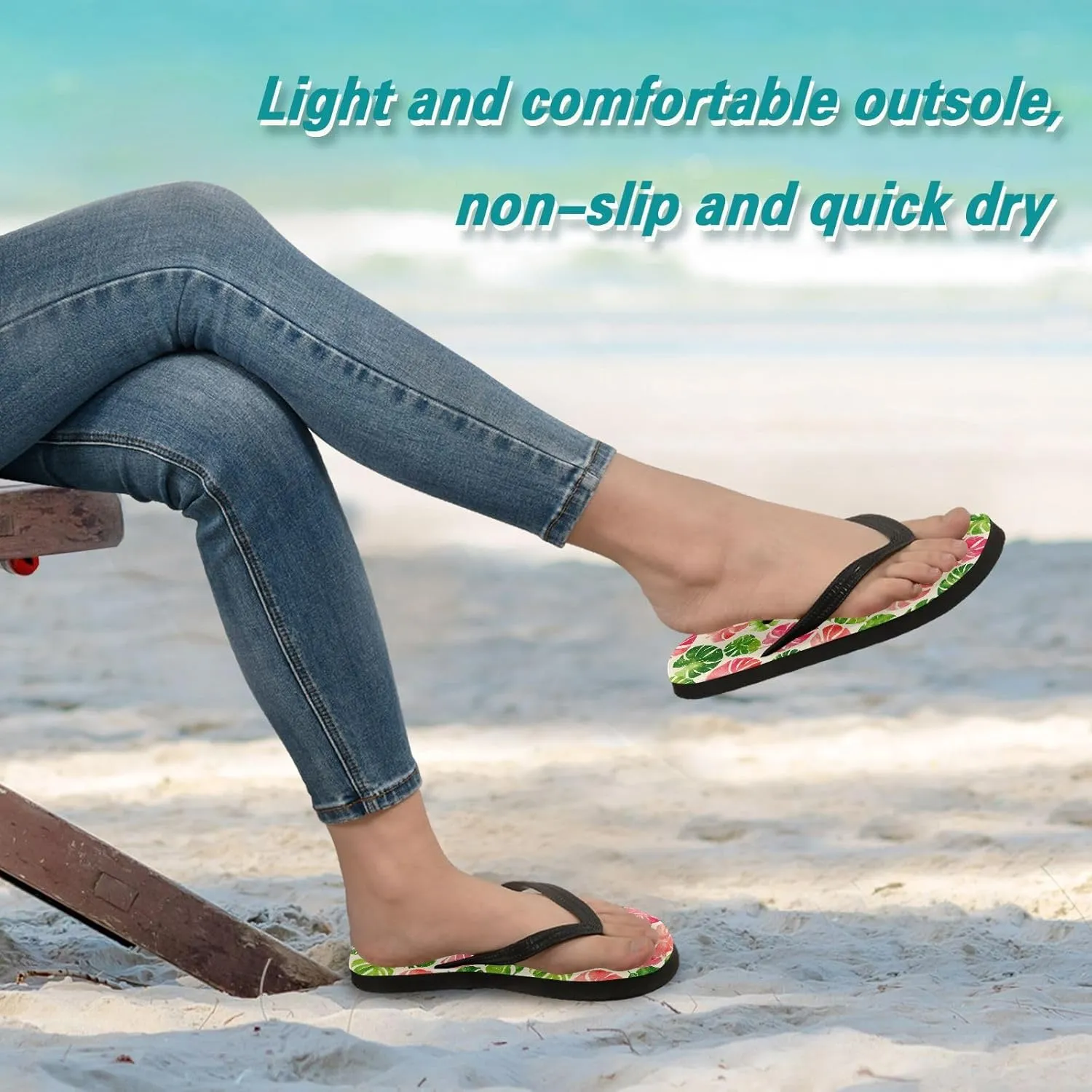 Flip Flop Sandals Colored Tropical Leaf Print for Men and Women for Beach Outdoor XS