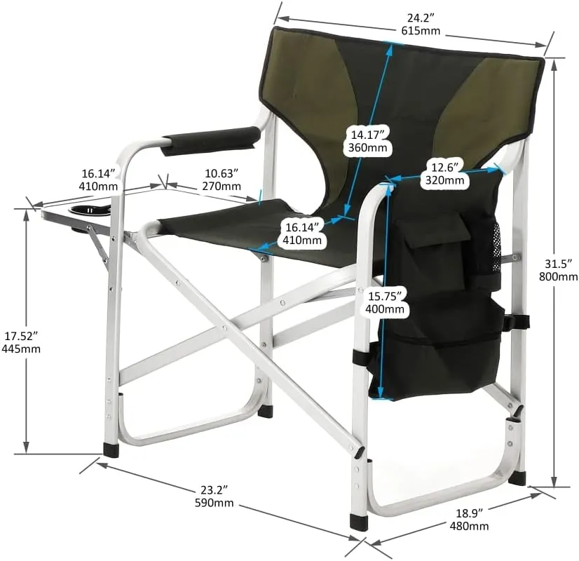 Folding Outdoor Chair with Side Table and Storage Pockets,Lightweight Oversized Directors Chair,Padded Foldable Camping Chair with Steel Frame,for Indoor,Outdoor Camping,Picnics,Fishing