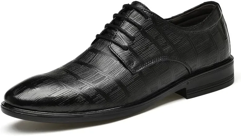 Formal Shoes for Men Lace Up Round Burnished Toe Leather Plaid Derby Shoes Block Heel Rubber Sole Non Slip Resistant Anti-Slip Classic