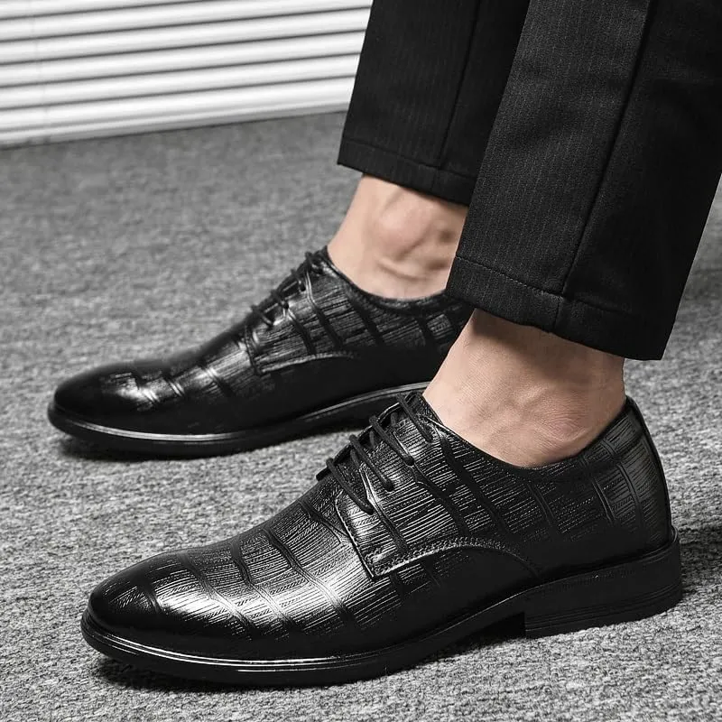 Formal Shoes for Men Lace Up Round Burnished Toe Leather Plaid Derby Shoes Block Heel Rubber Sole Non Slip Resistant Anti-Slip Classic