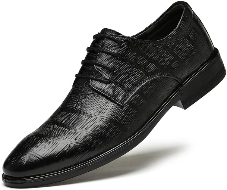 Formal Shoes for Men Lace Up Round Burnished Toe Leather Plaid Derby Shoes Block Heel Rubber Sole Non Slip Resistant Anti-Slip Classic