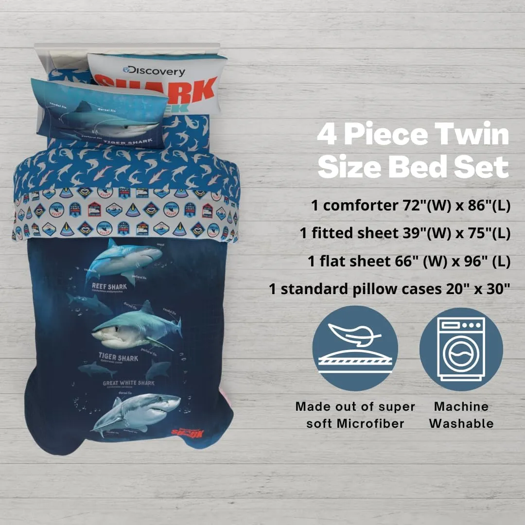 Franco Collectibles Discovery Shark Week Bedding 4 Piece Super Soft Comforter and Sheet Set, Twin, (Officially Licensed Product)