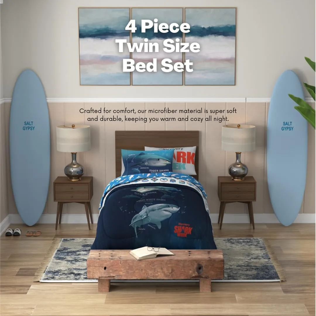 Franco Collectibles Discovery Shark Week Bedding 4 Piece Super Soft Comforter and Sheet Set, Twin, (Officially Licensed Product)