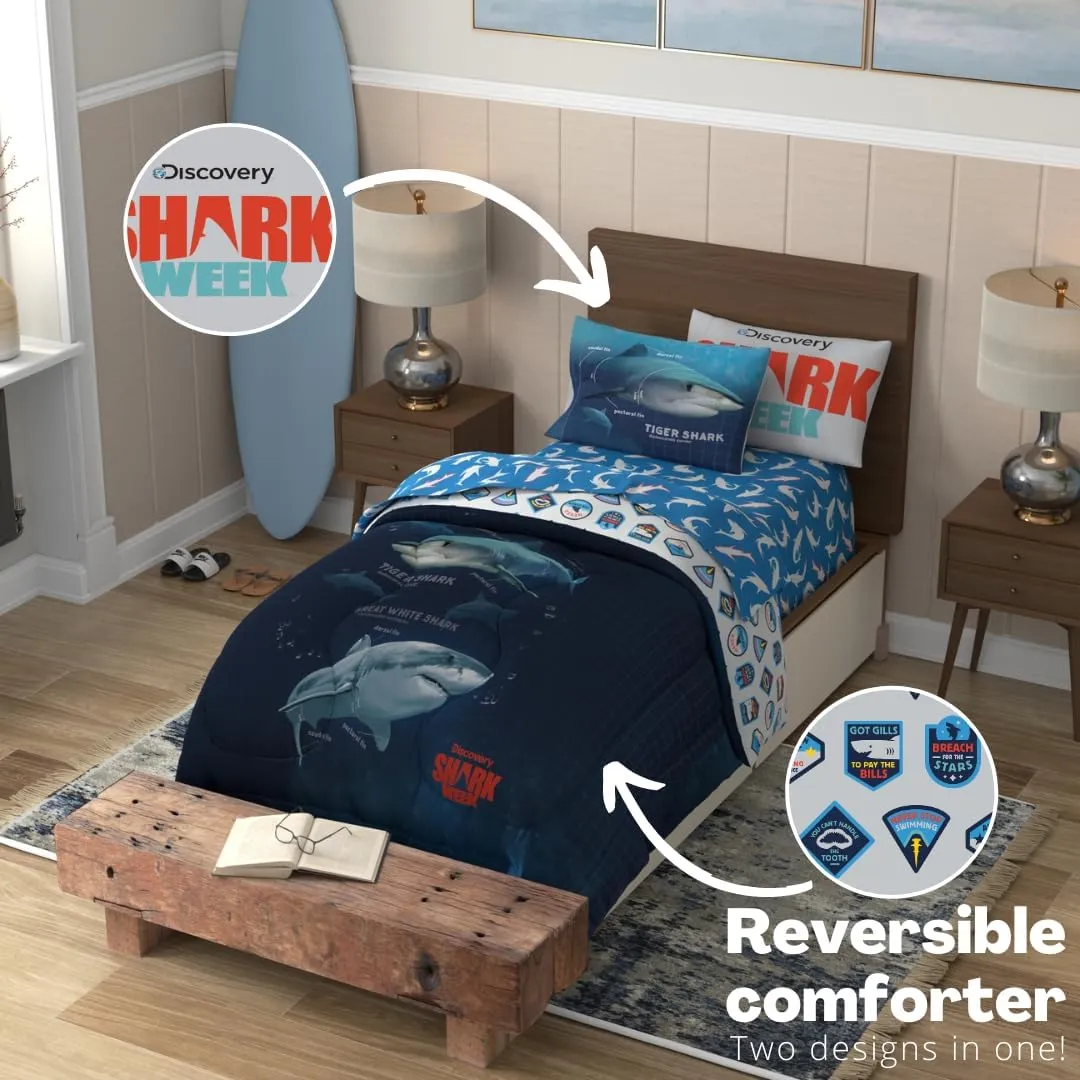 Franco Collectibles Discovery Shark Week Bedding 4 Piece Super Soft Comforter and Sheet Set, Twin, (Officially Licensed Product)