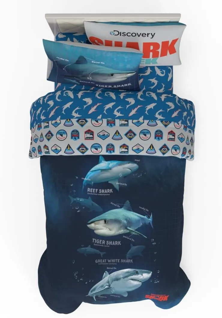 Franco Collectibles Discovery Shark Week Bedding 4 Piece Super Soft Comforter and Sheet Set, Twin, (Officially Licensed Product)