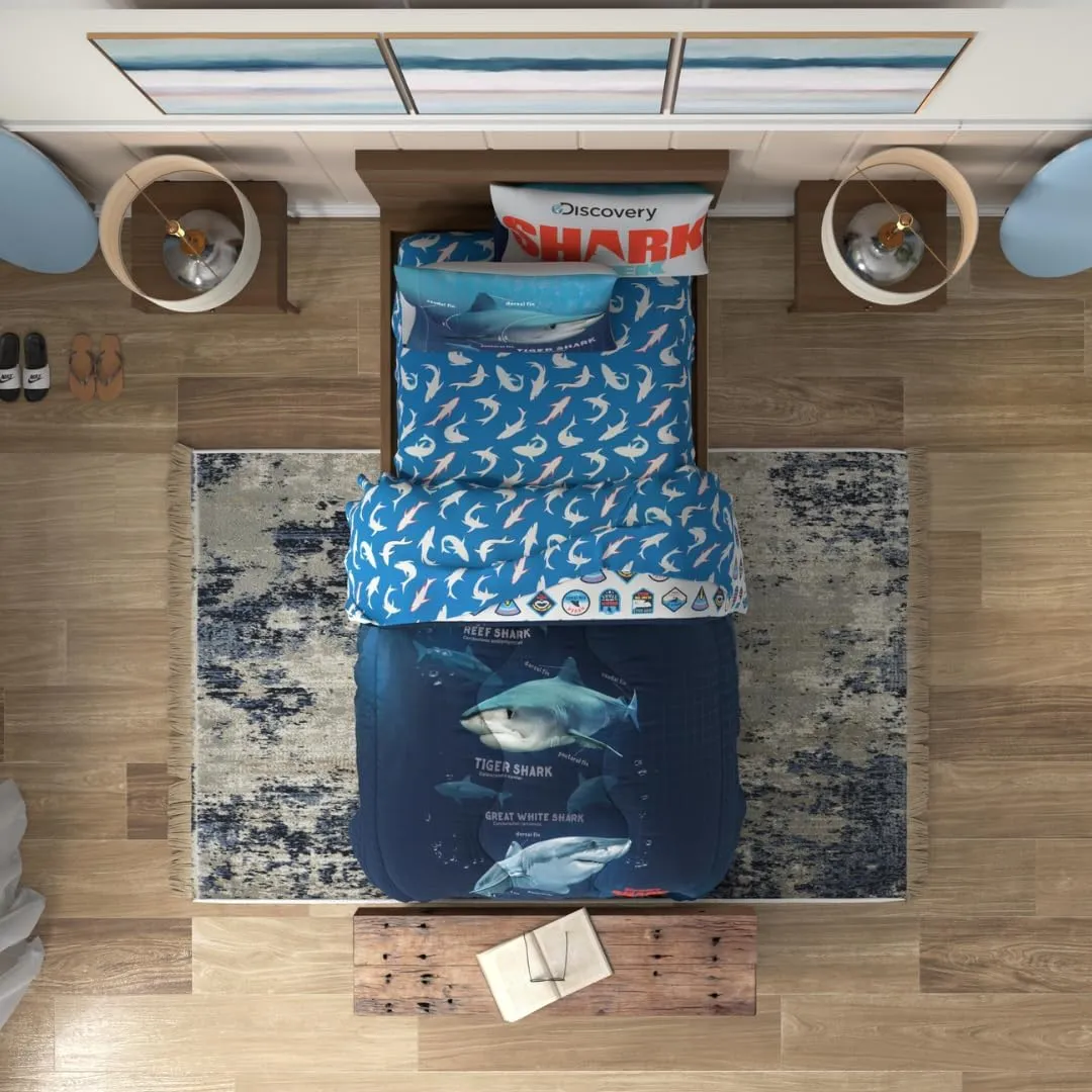 Franco Collectibles Discovery Shark Week Bedding 4 Piece Super Soft Comforter and Sheet Set, Twin, (Officially Licensed Product)