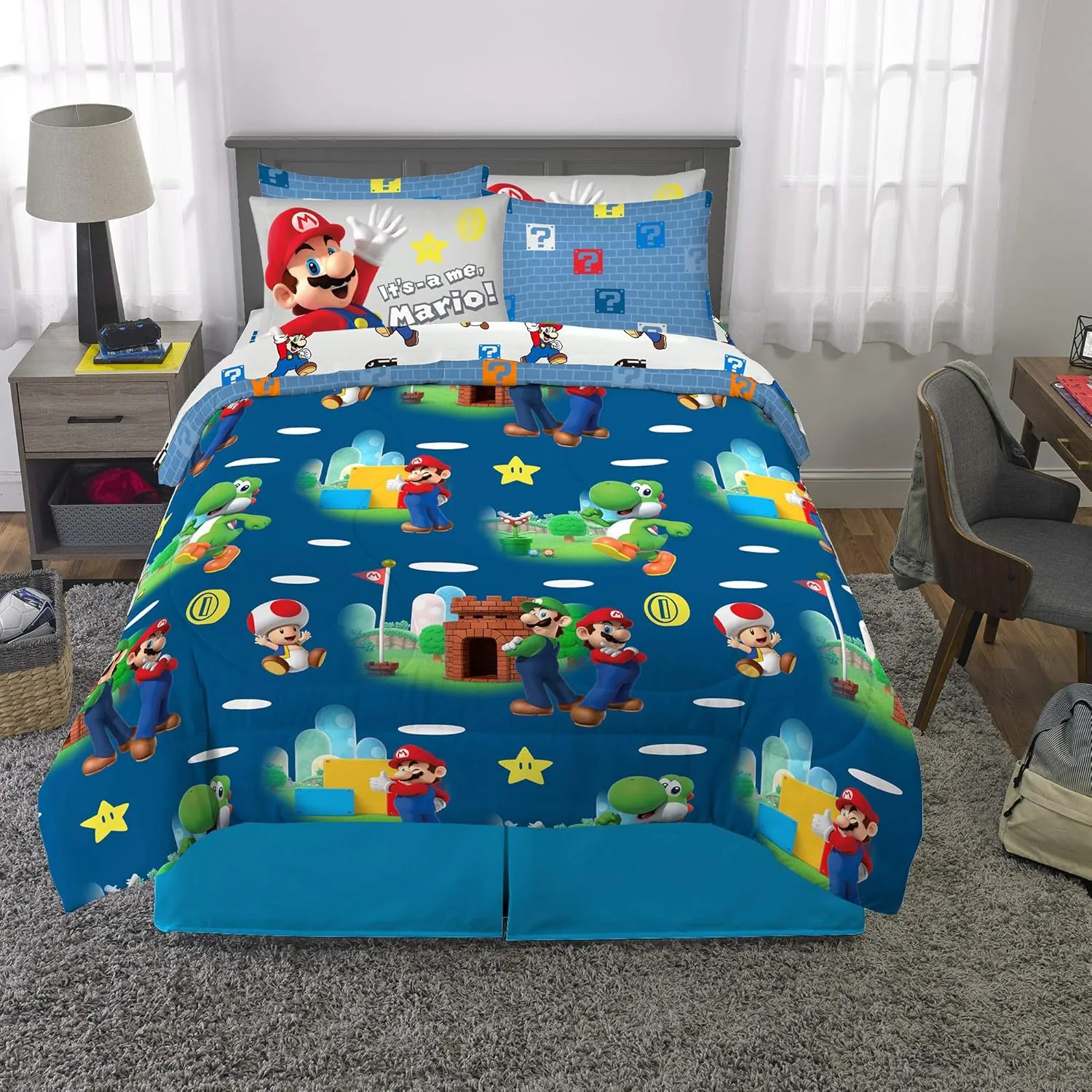 Franco Kids Bedding Super Soft Comforter and Sheet Set with Sham, 7 Piece Full Size, Mario