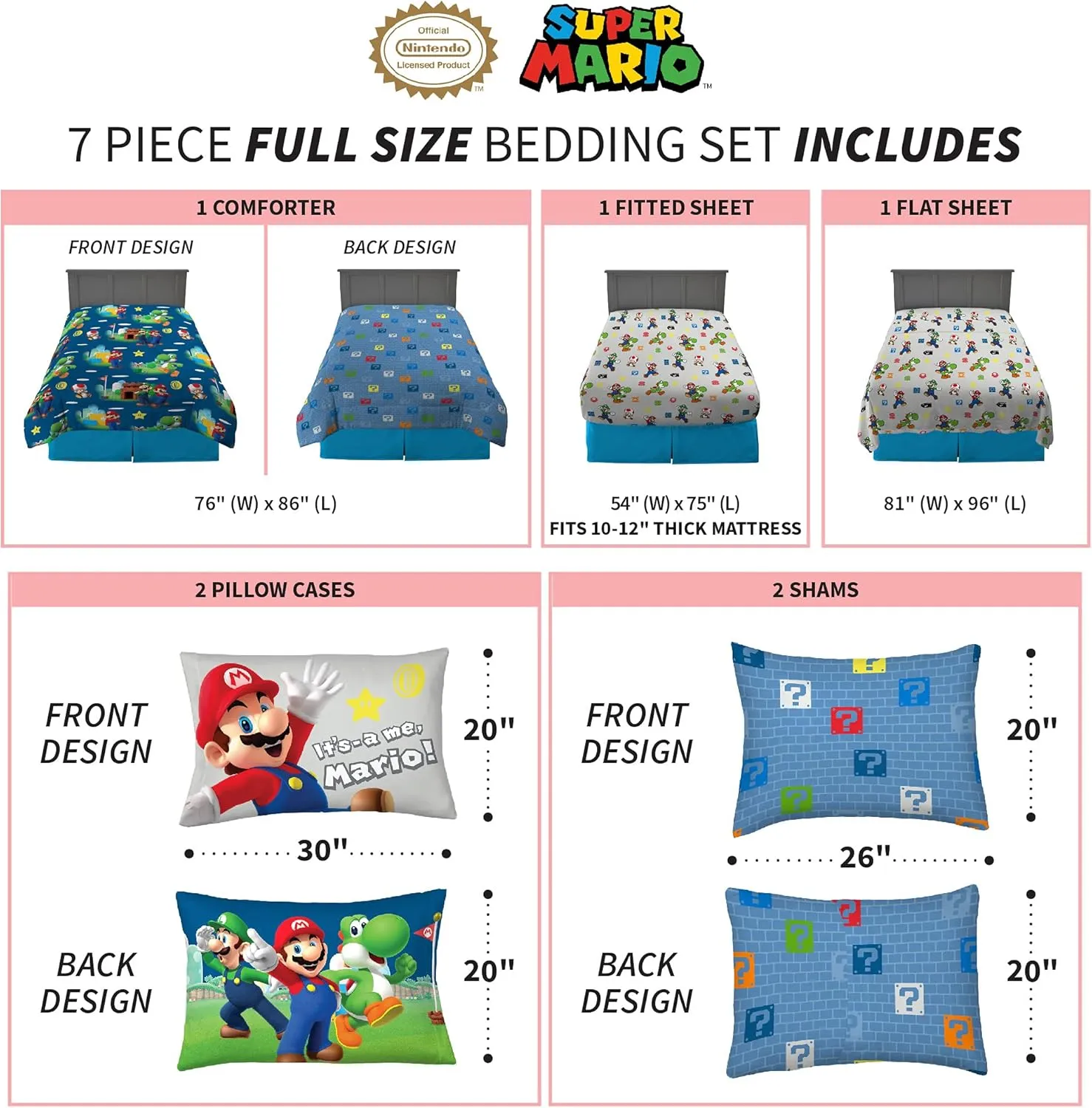Franco Kids Bedding Super Soft Comforter and Sheet Set with Sham, 7 Piece Full Size, Mario