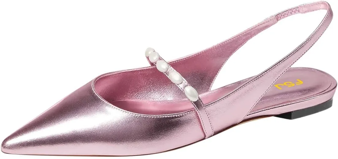 FSJ Women Slingback Flats with Beaded Studded Pointed Toe Pearl Strap Slip On Office Casual Comfort Ballet Shoes Size 4-16 US