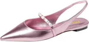 FSJ Women Slingback Flats with Beaded Studded Pointed Toe Pearl Strap Slip On Office Casual Comfort Ballet Shoes Size 4-16 US