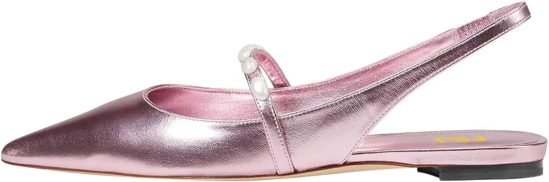 FSJ Women Slingback Flats with Beaded Studded Pointed Toe Pearl Strap Slip On Office Casual Comfort Ballet Shoes Size 4-16 US
