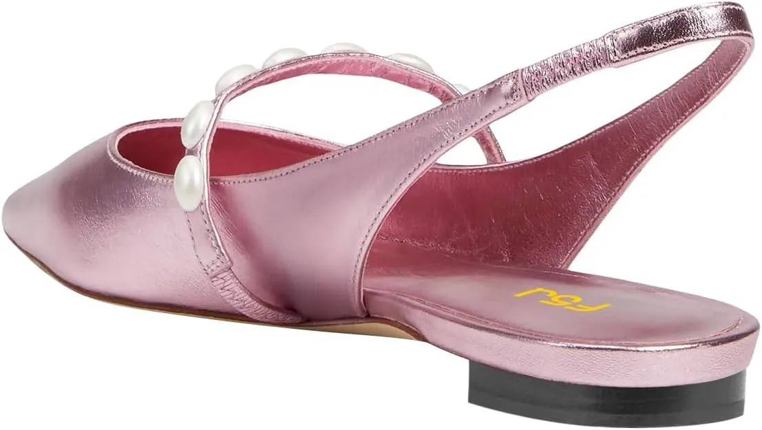 FSJ Women Slingback Flats with Beaded Studded Pointed Toe Pearl Strap Slip On Office Casual Comfort Ballet Shoes Size 4-16 US