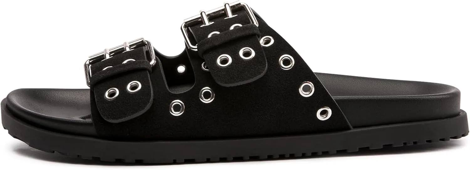 FUNKYMONKEY Women's Eyelets Adjustable Double Strap Slides Slip On Comfort Flat Sandals for Summer