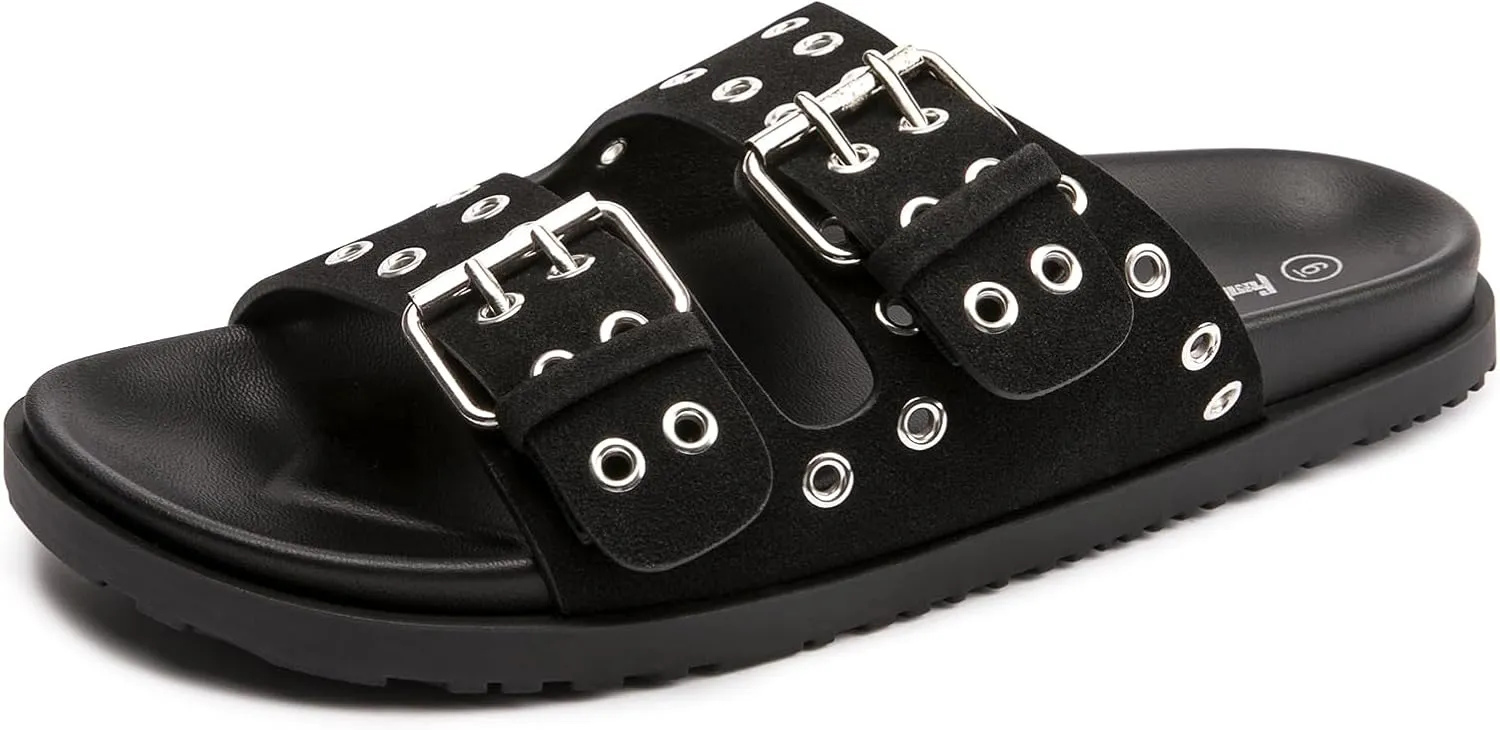 FUNKYMONKEY Women's Eyelets Adjustable Double Strap Slides Slip On Comfort Flat Sandals for Summer