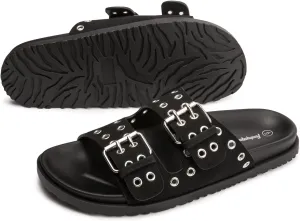 FUNKYMONKEY Women's Eyelets Adjustable Double Strap Slides Slip On Comfort Flat Sandals for Summer