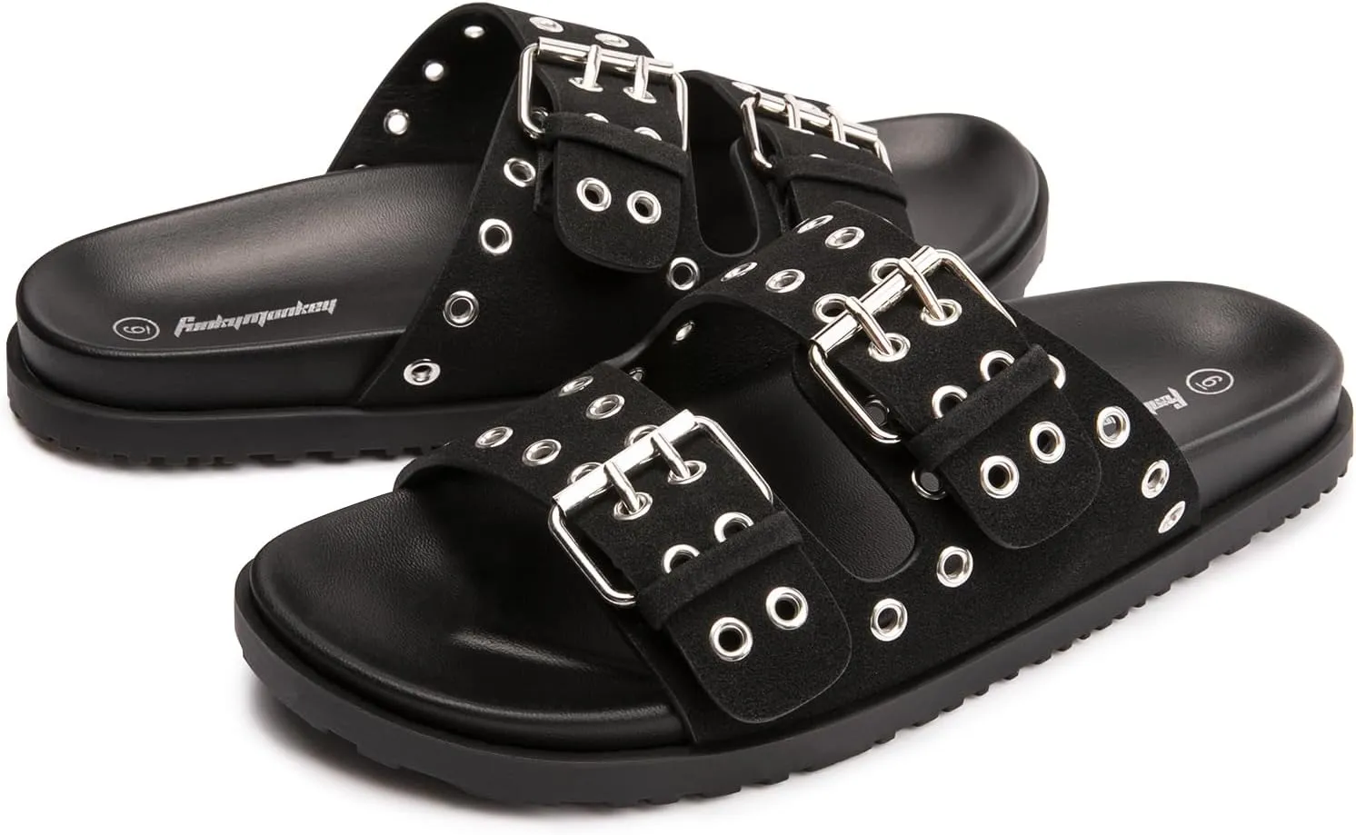 FUNKYMONKEY Women's Eyelets Adjustable Double Strap Slides Slip On Comfort Flat Sandals for Summer